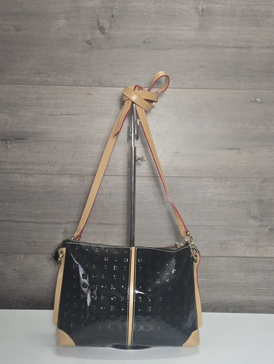 Arcadia Black Patent Italian Leather Crossbody  Shoulder Bag with Tan Trim
