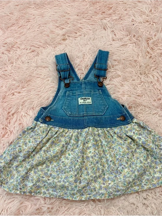 OshKosh B'gosh Blue Denim Bib Overall Dress with Floral Skirt