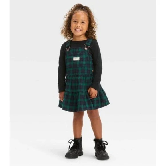 Oshkosh B'Gosh Girls Flannel Tiered Jumper 4T green/ navy plaid