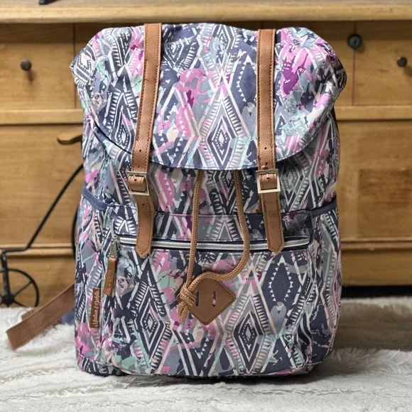 Madison & Dakota Aztec Tribal Print Flap Top Backpack Pink Blue