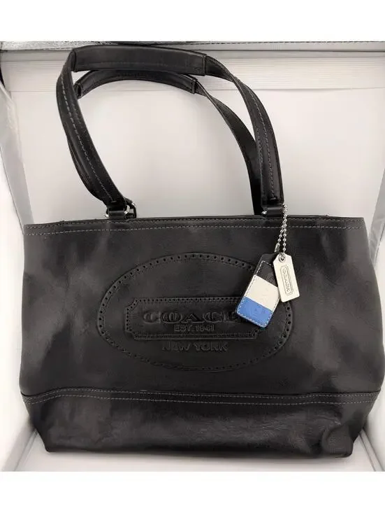 Coach Leather Tote Bag Black Shoulder Bag Large Logo Classic Purse