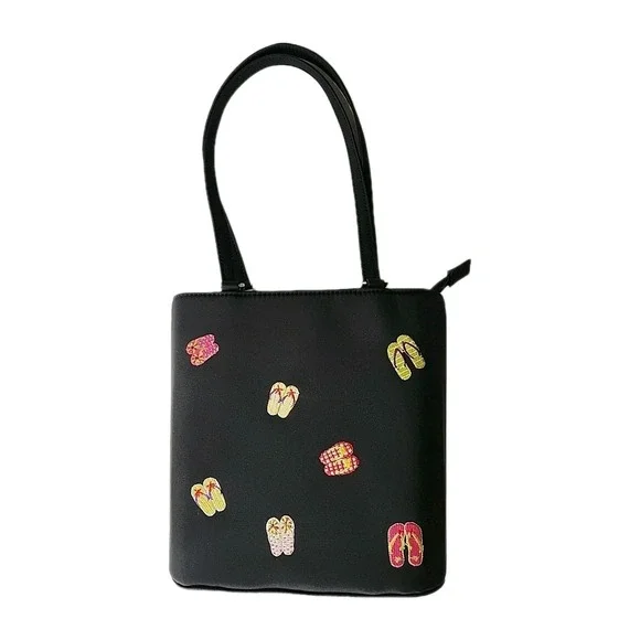 Sandol Living Fashion Handbag Black Fabric w/Embroidered Colorful Flip Flops EUC