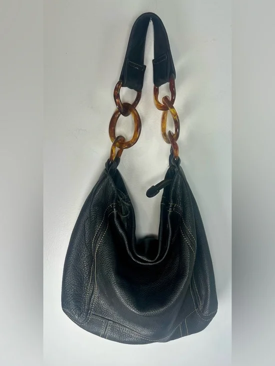 Kate Landry Black Leather Hobo Bag with Tortoiseshell Chain Strap zip top