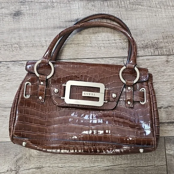 Guess Shiny Brown Croc-Embossed Shoulder Bag