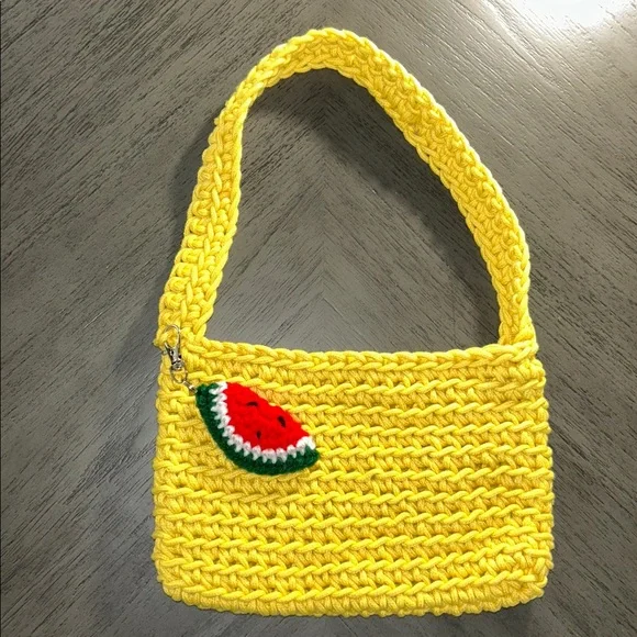 Handmade VINTAGE Yellow Crochet Shoulder Bag with Watermelon Charm 🍉