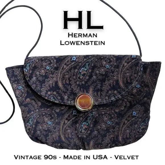 Vintage 90s HL USA Crossbody Bag Brown Paisley Velvet Corded Strap Boho Chic