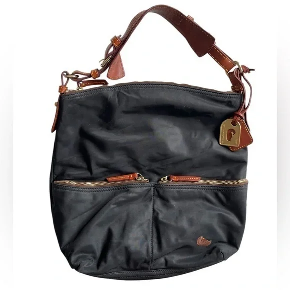 Dooney & Bourke Black Tote with Brown Leather and Gold Tag
