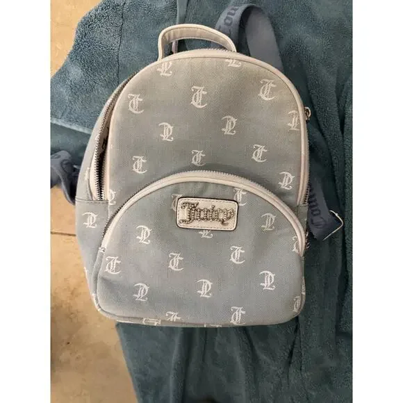 Juicy Couture Logo Mini Backpack Heart Charm Rhinestone Detail Blue Monogram