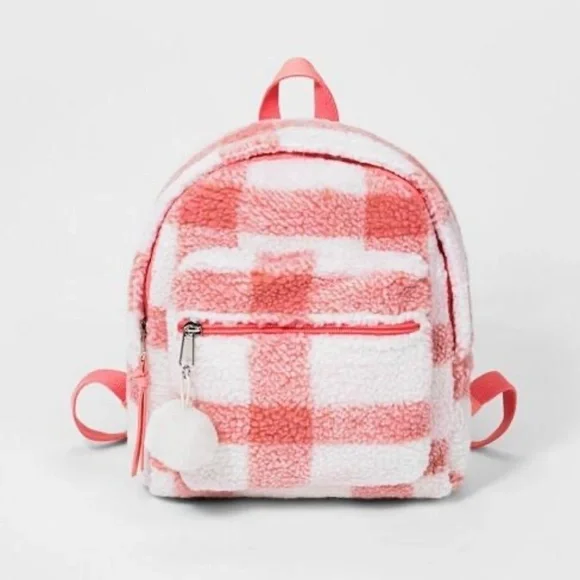 Cat & Jack Plaid Sherpa Mini Backpack - Pink White