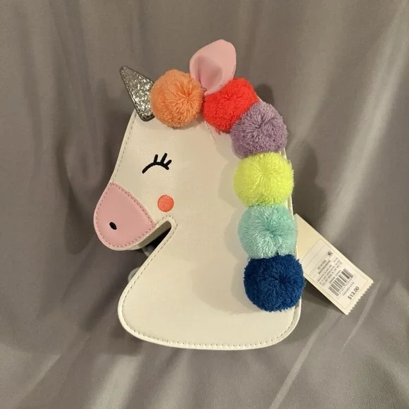 Cat & Jack Unicorn Crossbody Bag Kids OS White NEW Rainbow Pom Pom BG54883VK