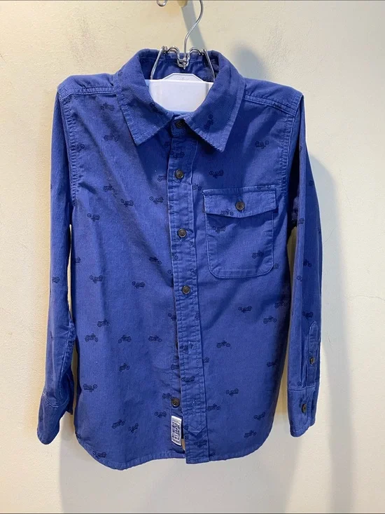 OshKosh B'gosh Navy Blue Button-Front Shirt with Bicycle Motif Sz 7