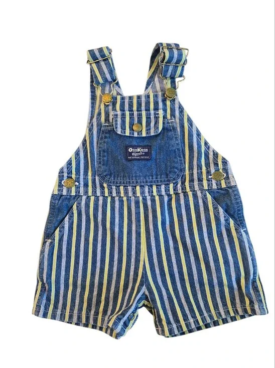 OshKosh B'gosh Vintage 1990s Blue Yellow Denim Striped Onesie Overalls Shorts