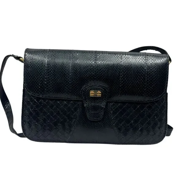 Vintage Snakeskin‎ Leather Shoulder Bag Purse Black Gold Tone Clasp