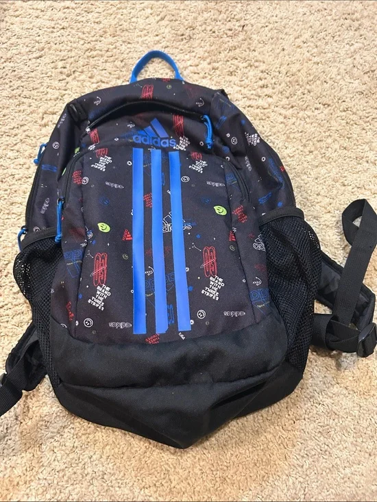 adidas Black Backpack with Bright Blue Stripes and Multicolor Icons