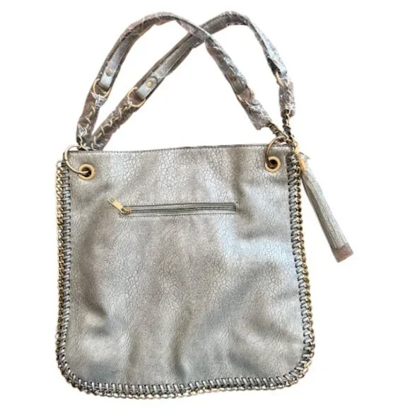 Silver & Gold Tone Chain-Trimmed Shoulder Bag