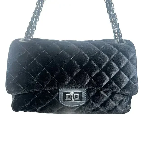 Italian Quilted Velvet and Leather Shoulder Bag Chain Strap Black Luxury