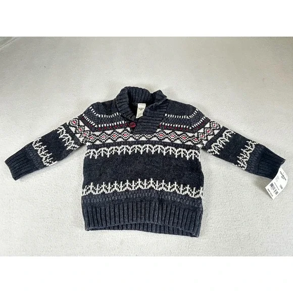 OshKosh Bgosh Boys 12M Fair Isle Shawl Collar Sweater Grey Cotton 433C327 NWT
