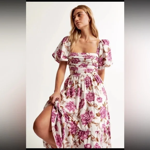 Abercrombie & Fitch Emerson Floral Poplin Puff Sleeves Midi Dress SZ L
