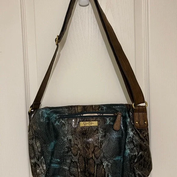 Jessica Simpson Stylish Brown and Blue Snake Print Shoulder Bag