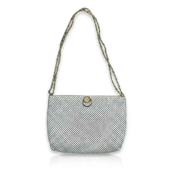 Bueno Vintage Sequin White Metal Mesh Shoulder Bag Gold Tone Chain Strap