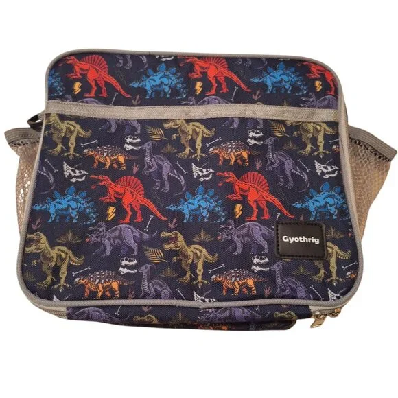 Gyothrig Dinosaur Print Insulated‎ Lunch Bag Shoulder Strap Mesh Pockets School