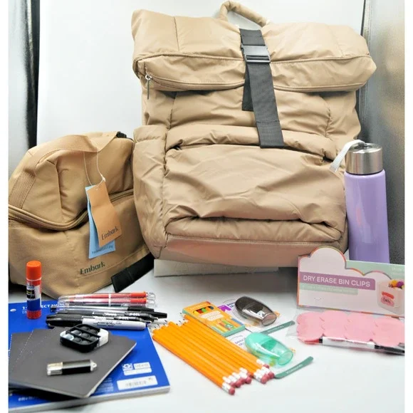 Tan Puffer Backpack Bundle with Embark‎ Lunchbox and 25+ Back to School Items