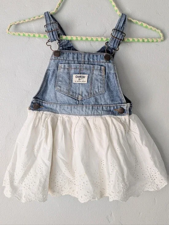 OshKosh B'gosh Toddler Girl Denim Eyelet Lace Overall Dress Size 3T