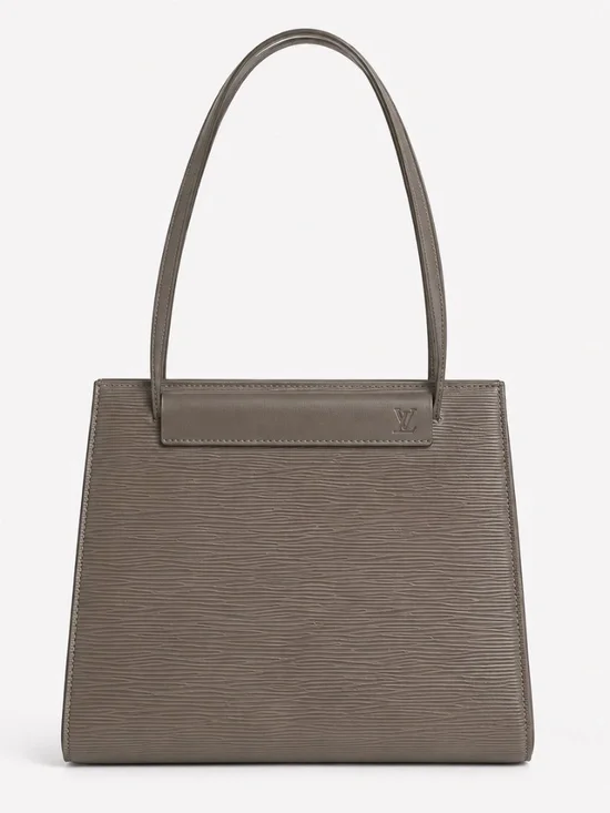 Vintage Textured Leather Shoulder Bag Taupe Gray Structured Minimalist Purse