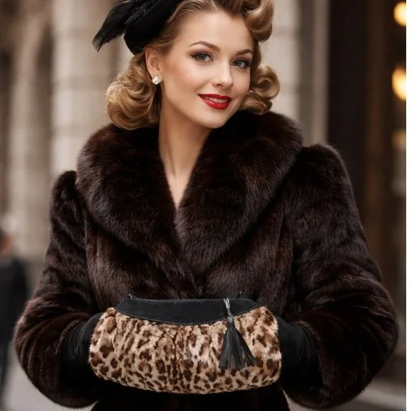 1940s Leopard‎ Fur Handbag Black Tassel Zipper Muffler and Shoulder Bag