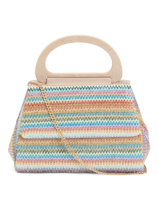 Multicolor Woven Shoulder Bag with Gold Chain and Wood Handle