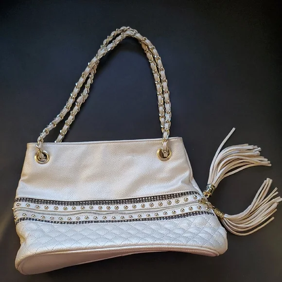 IMOSHION Cream Pearl Tote Bag Purse with Silver STUDDED Accents RHINESTONES