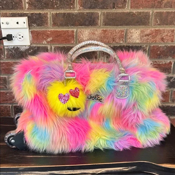 Justice Girls Emoji Fuzzy Rainbow Rolling Carry On Luggage bag light up wheels