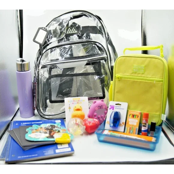 Clear Backpack + Fulton Neon Lunchbox Back-to-School‎ Supply Gift Bundle
