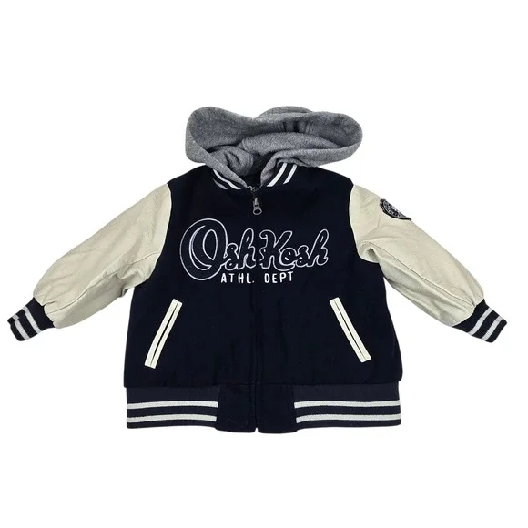 OshKosh Bgosh Boys 2T Varsity Jacket Navy Blue Faux Leather Sleeve Hooded Zip Up