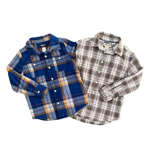 Lot of‎ 2 Boys Shirts OshKosh Flannel Blue Cherokee Plaid Cotton Long Sleeve 6 7