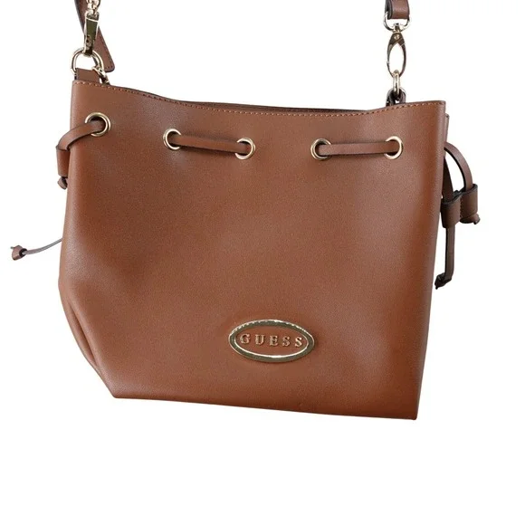 Guess Brown Faux‎ Leather Bucket Bag Convertible Strap Gold Chain Accents