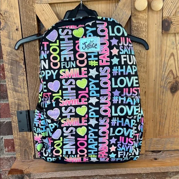 Justice Girls Multicolor Graphic Colorful Glitter and Black Text Backpack