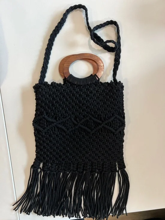 Danielle Nicole - Handwoven Black Macramé Fringe Tote with Wooden Handles