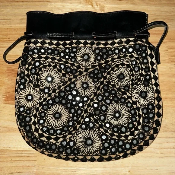 70s Black Leather Embroidered Drawstring Tote Shisha Mirror