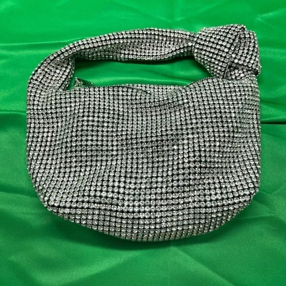 Knotted Crystal Rhinestone Hobo Dumpling Handbag Purse With Silver Zipper (PB1)