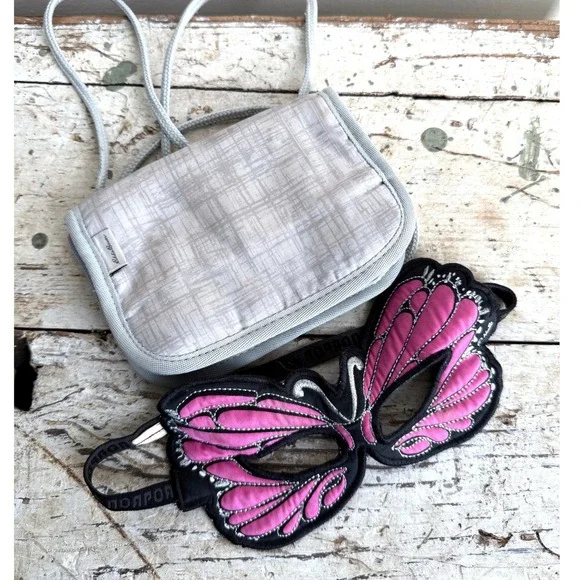 Eddie Bauer Grey Travel Neck Wallet and Pink Butterfly Sleep Mask‎ Set