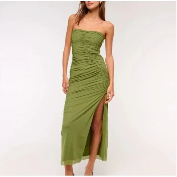 Abercrombie & Fitch Ruched Mesh Maxi Dress Avocado Green Medium Tall