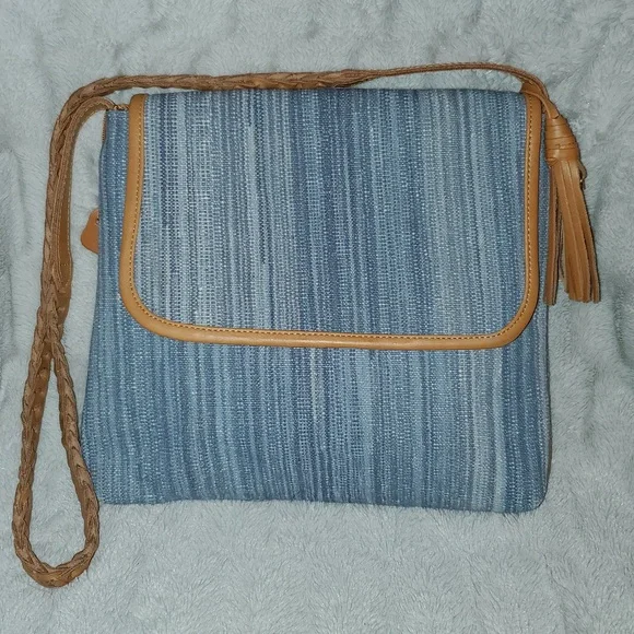 Denim Blue Woven Leather Trim Shoulder Crossbody Bag