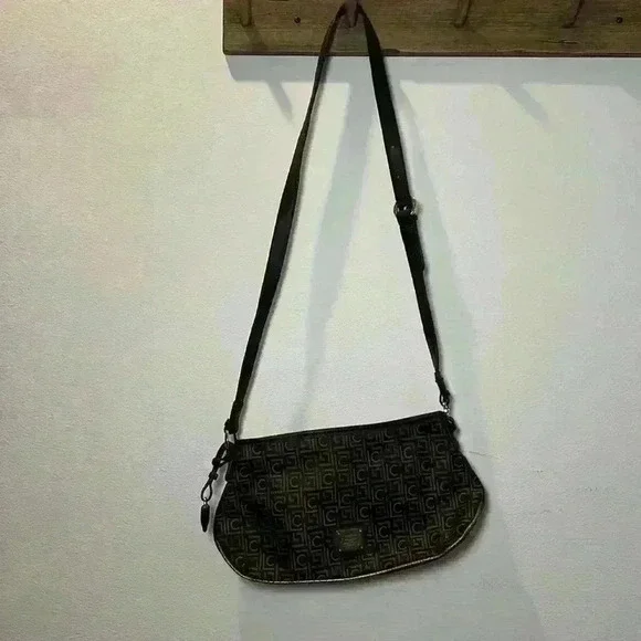 Liz Claiborne Monogram Crossbody Shoulder Bag Dark Brown Gold Adjustable Straps