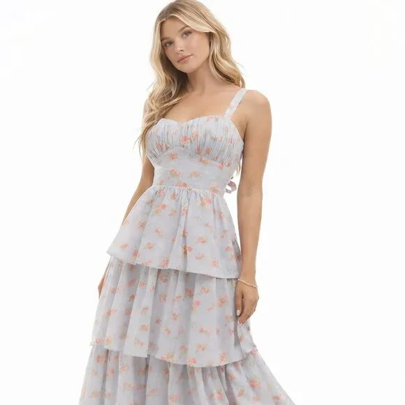 NWT Sz L Lace-Up Back Tiered Floral Blue Maxi Dress