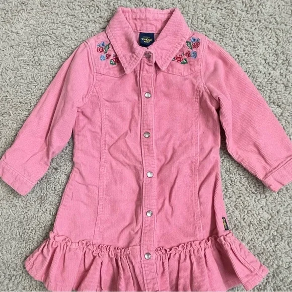 VINTAGE Baby Girl's OSHKOSH B'GOSH Pink CORDUROY Embroidered RUFFLE DRESS