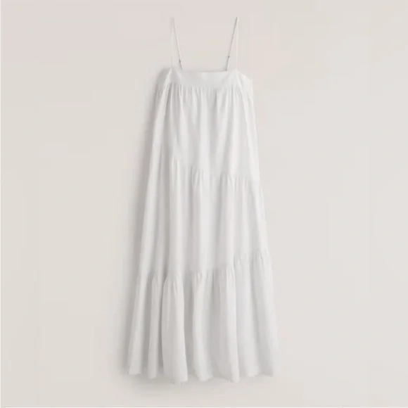 Abercrombie & Fitch Linen Blend Asymmetric Tiered Maxi Dress Adjustable Straps