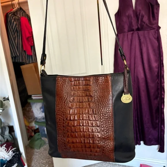 Vintage Brahmin Black & Brown Croc-Accent Shoulder Bag