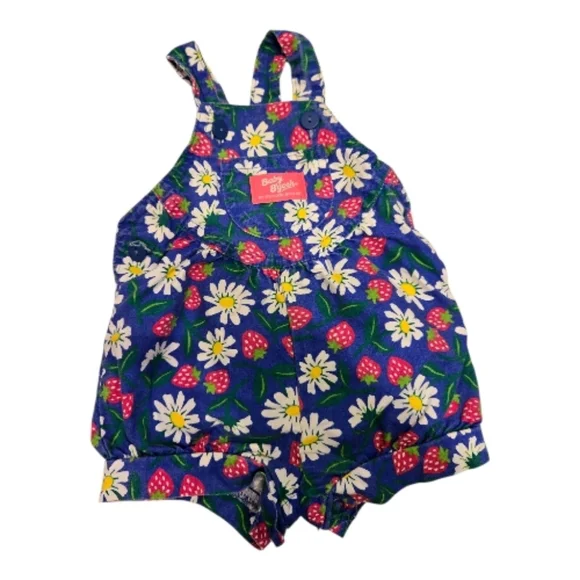 OshKosh B'gosh Vintage 1990s Blue Strawberry Print Floral Onesie Overalls