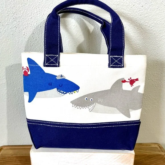 Pottery Barn Kids Shark Canvas Navy White Mini Tote Beach Pool Lunch Bag Playful